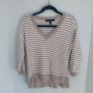 White House Black Market V-Neck Sweater - Beige and White